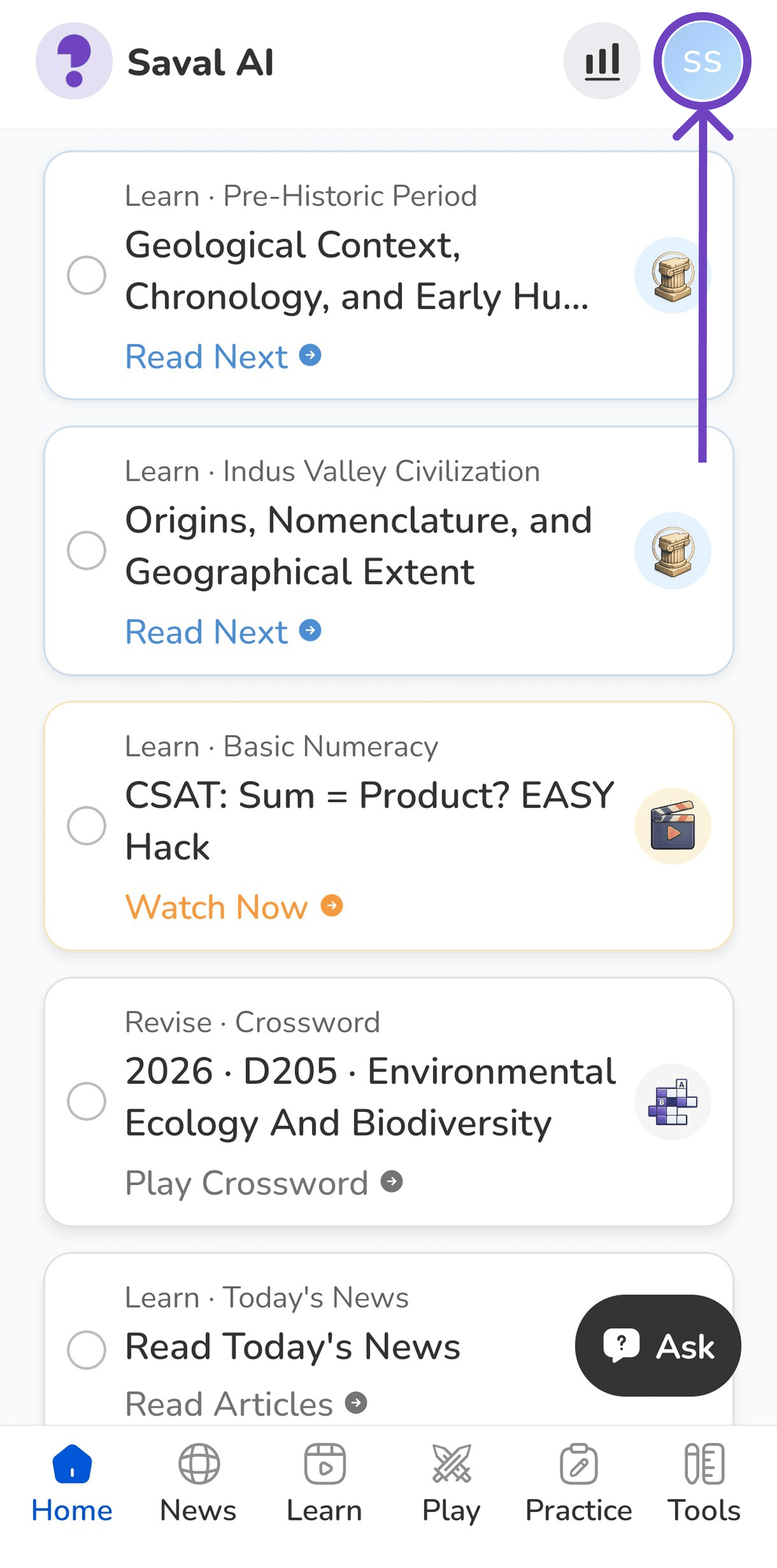 Saval AI home screen with the profile button highlighted in the top-right corner