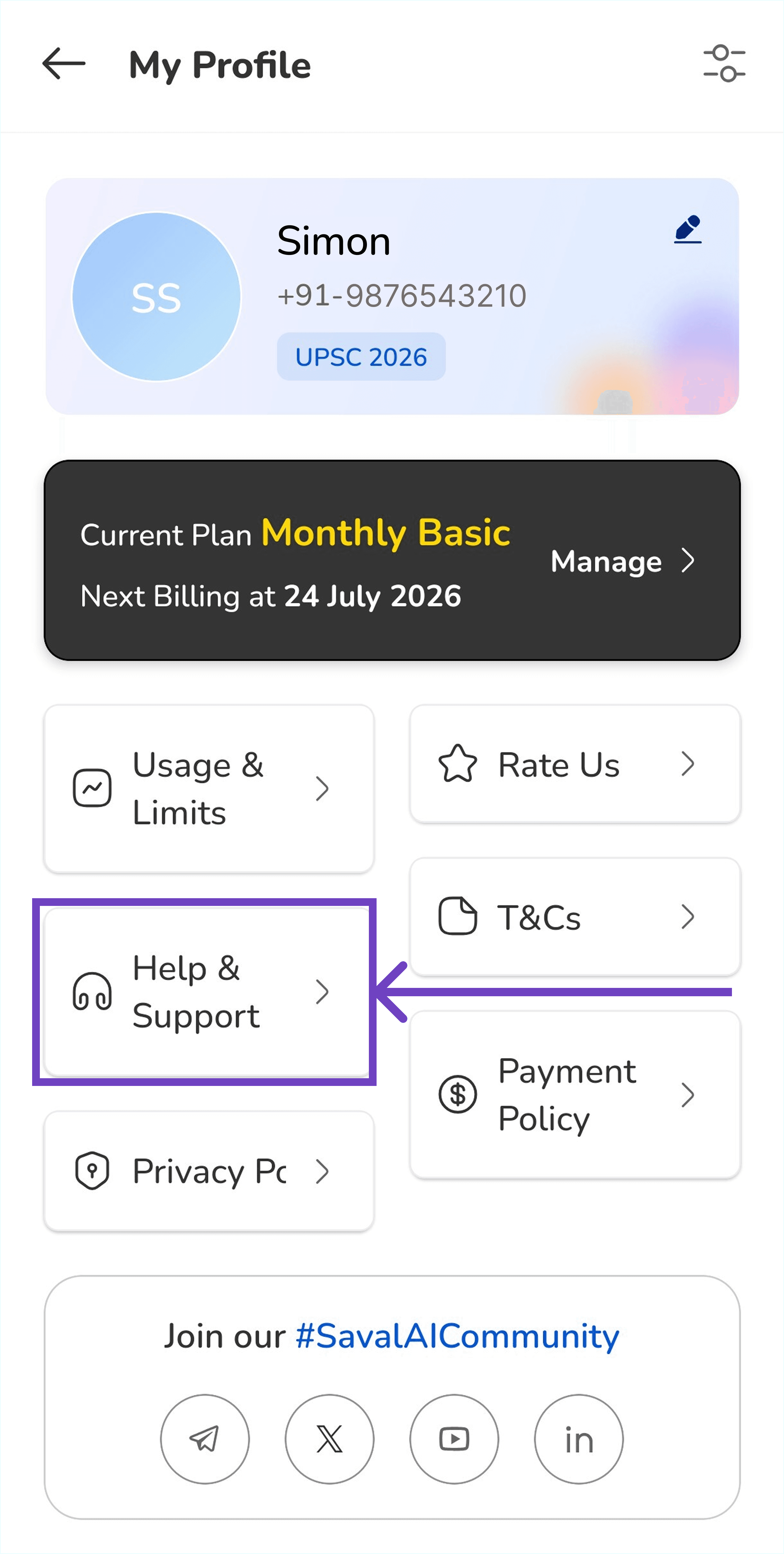 Saval AI My Profile screen with the Help & Support button highlighted