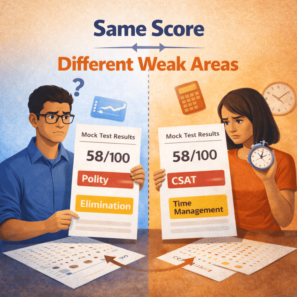Two UPSC aspirants with the same mock score but different weak areas